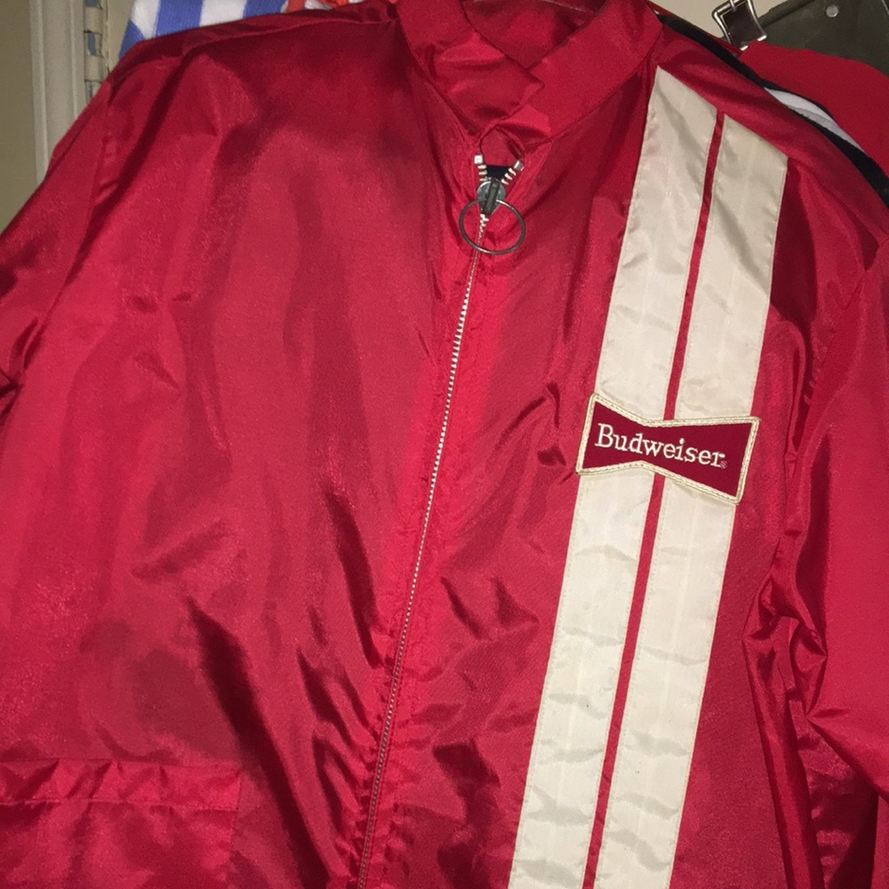 VTG Rare Budweiser Red & White Iconic Windbreaker SZ XL Needs love!